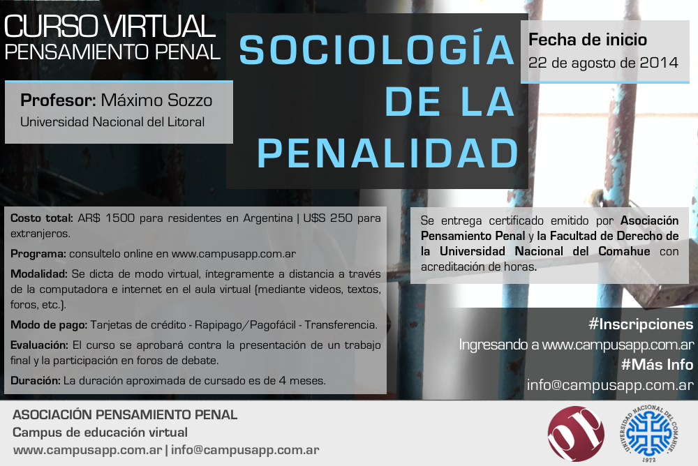 Nuevo curso virtual: Sociología de la penalidad. Prof. M. Sozzo. Agosto 2014